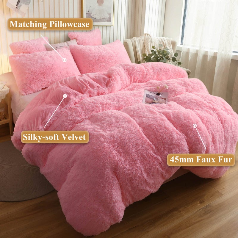 XeGe Plush Shaggy Duvet Cover Set, Luxury Ultra Soft Crystal Velvet Fluffy Bedding Sets 3 Pieces(1 Furry Faux Fur Comforter Cover + 2 Fuzzy Faux Fur Pillowcases) Zipper Closure(Queen, Light Pink) - Image 2